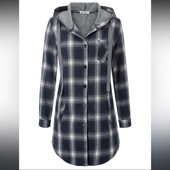 Grace Karin | Black and White Plaid Hooded Flannel Button Down Size S - Picture 1 of 10